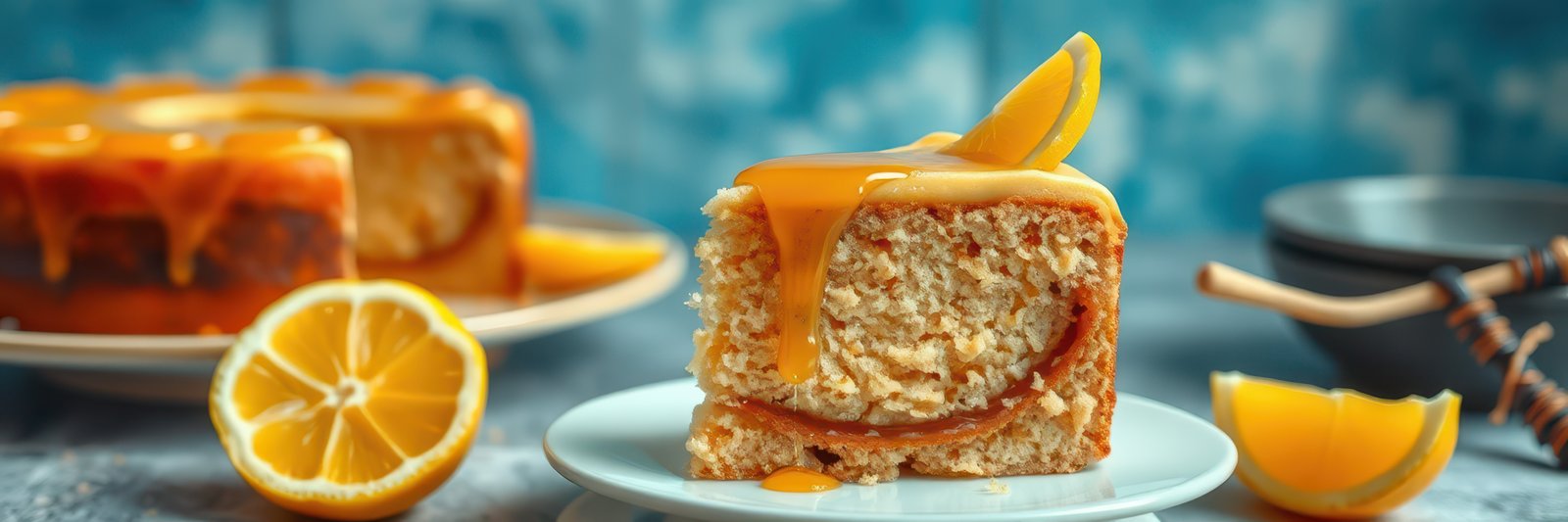 Delicious lemon cake slice with citrus glaze and fresh lemon slices served on a blue background